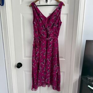 DKNY Magenta Pink Floral Chiffon Faux Wrap Midi Dress Sleeveless Size 10